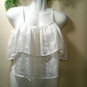 Forever 21 White Ruffled Embroidered Blouse